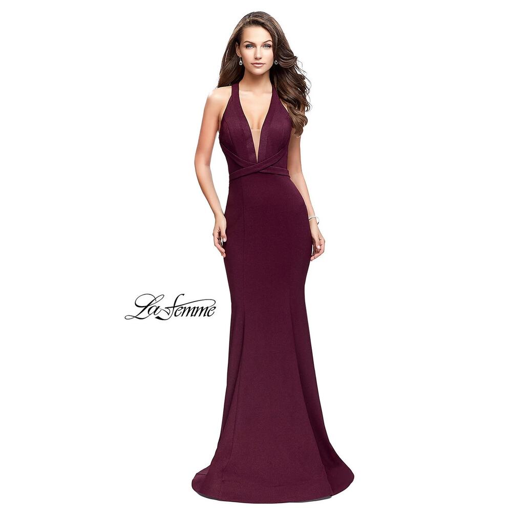 La Femme Burgundy Strappy Back Mermaid Maxi Dress LF-25503 Size 6 Formal Gown